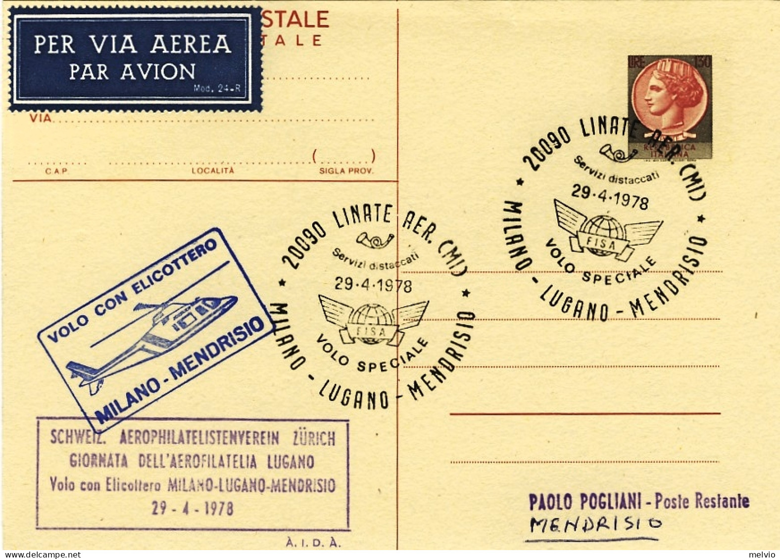 1978-cartolina Postale L.130 Siracusana Bollo Volo Speciale Con Elicottero Milan - Airmail