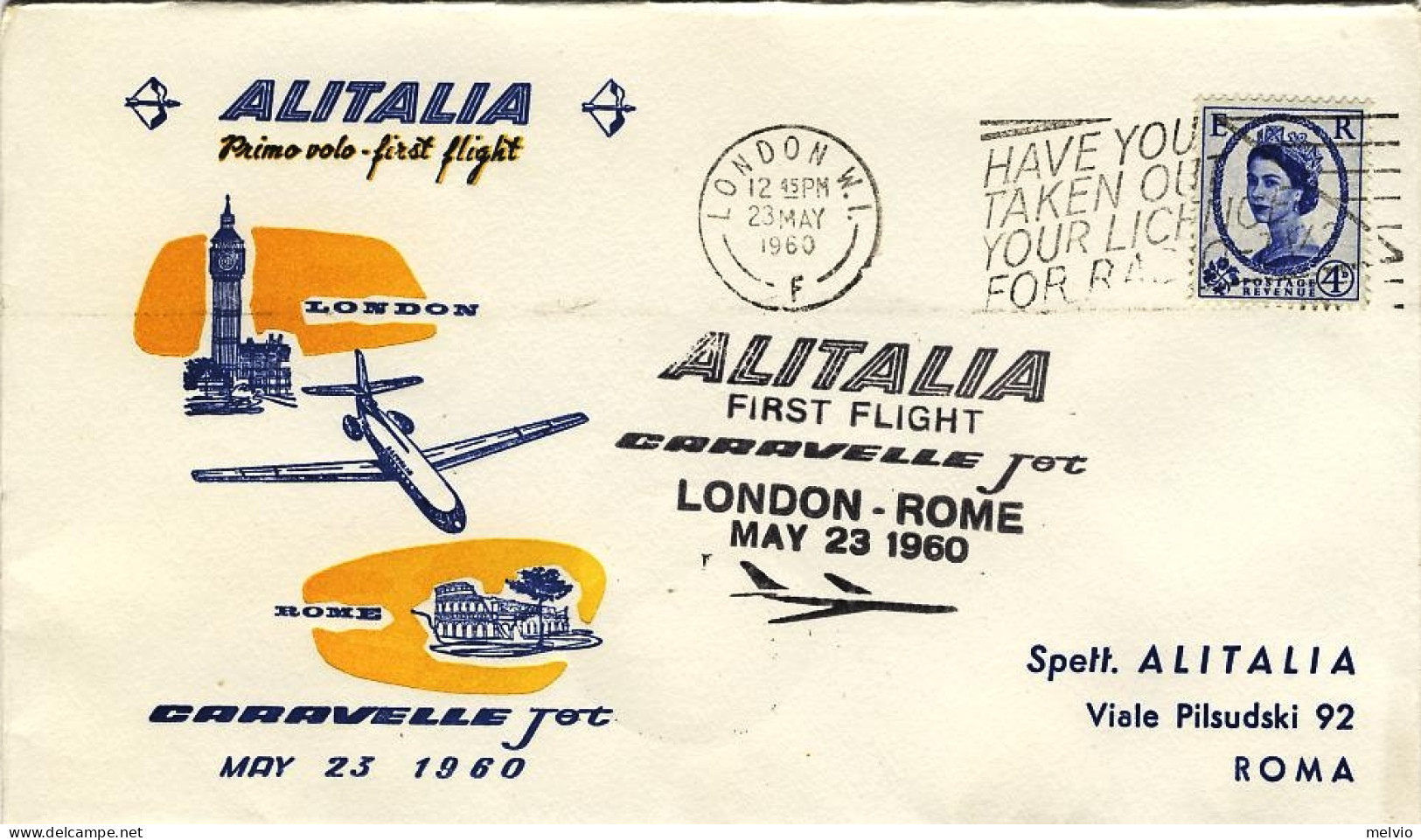 1960-Gran Bretagna Alitalia I^volo Caravelle Jet Londra Roma Del 23 Maggio - Cartas & Documentos