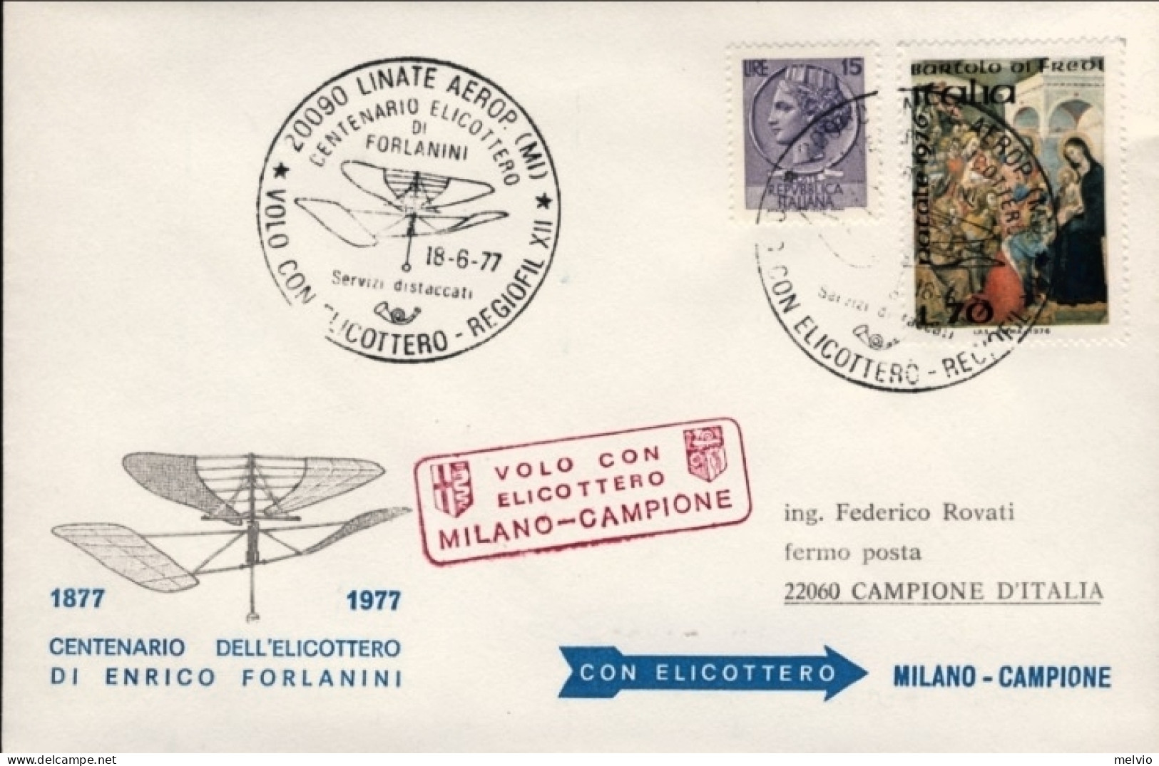 1977-centenario Dell'elicottero Di Enrico Forlanini Bollo Volo Con Elicottero Mi - Correo Aéreo