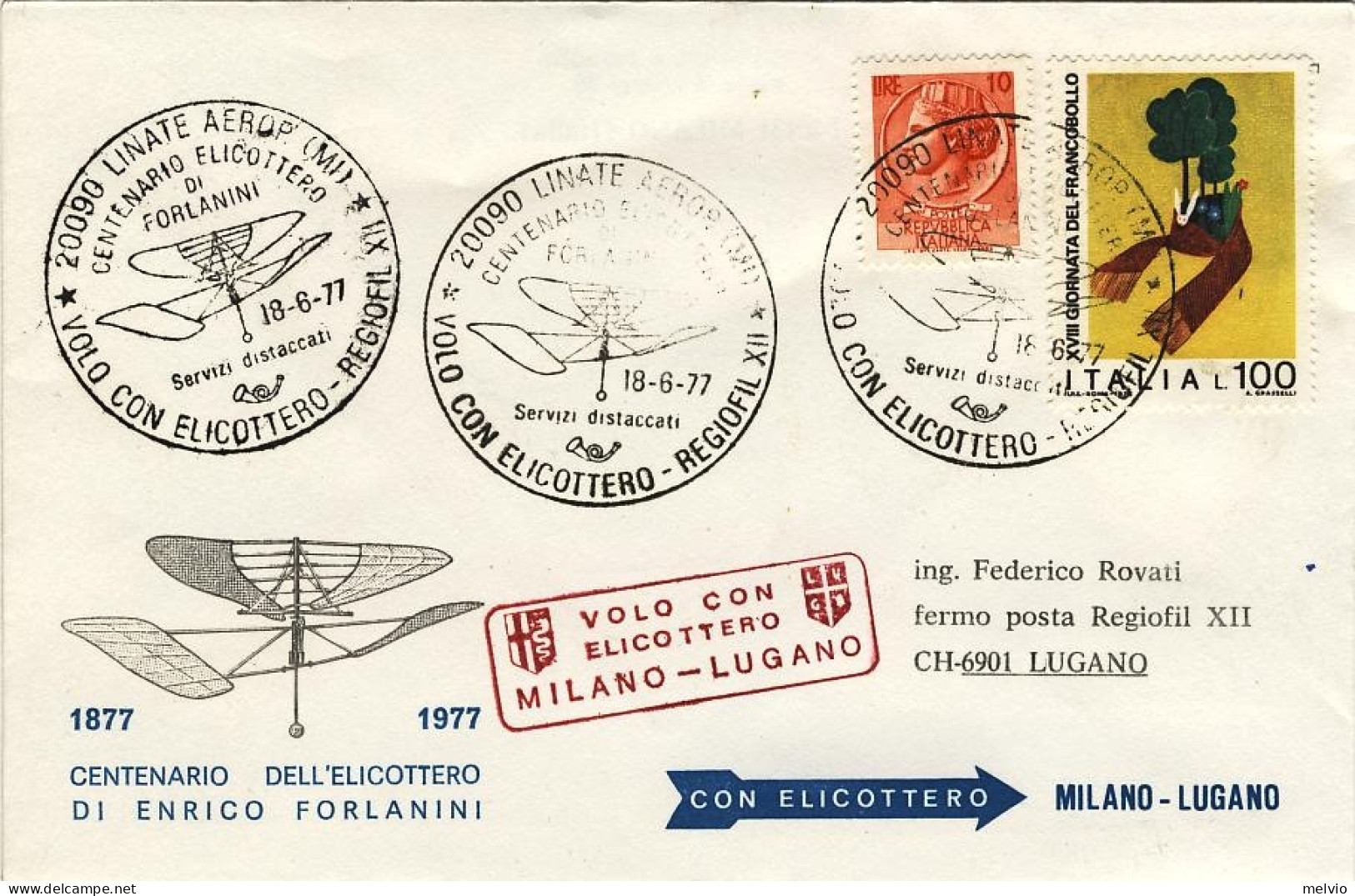 1977-centenario Dell'elicottero Di Enrico Forlanini Bollo Volo Con Elicottero Mi - Luchtpost