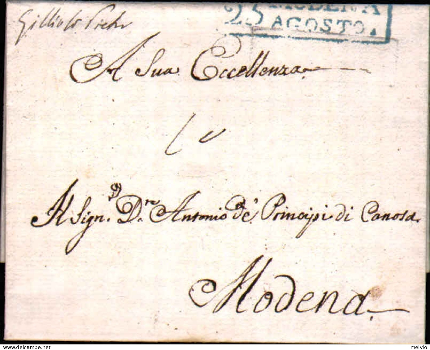 1830circa-bollo "Modena 25 Agosto"in Stampatello Diritto Azzurrastro Su Piego - 1. ...-1850 Prephilately