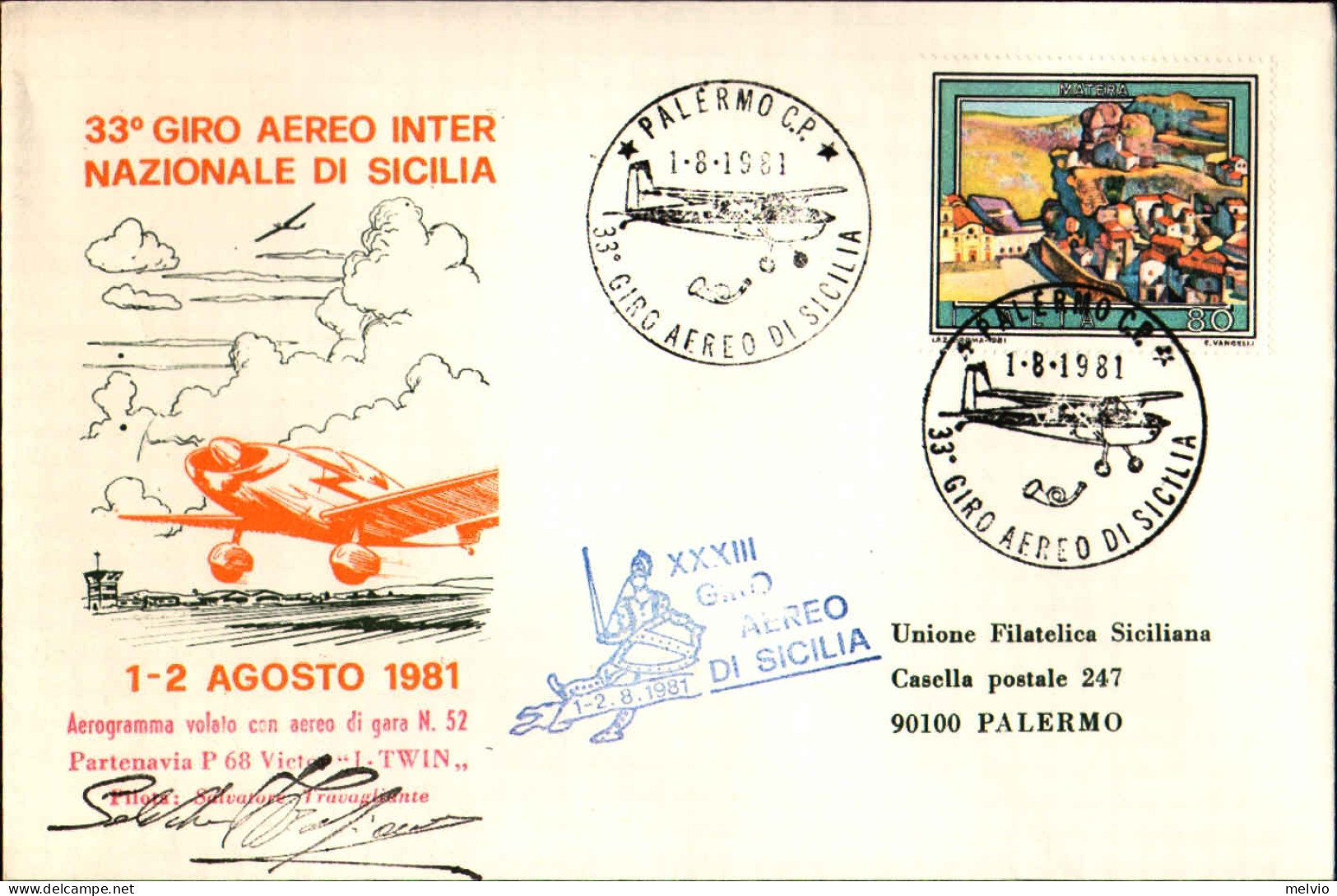 1981-33 Giro Aereo Internazionale Di Sicilia Con Firma Del Pilota - Correo Aéreo