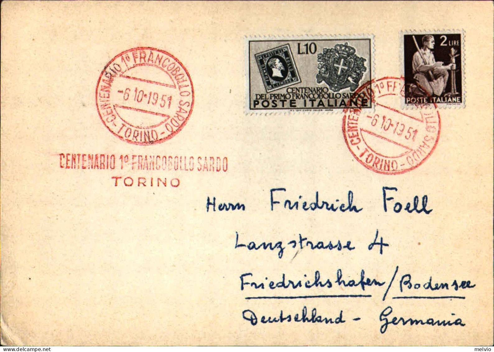 1951-cartoncino Affrancato L.2+L.10 Primo Francobollo Sardo Diretto In Germania, - Manifestations