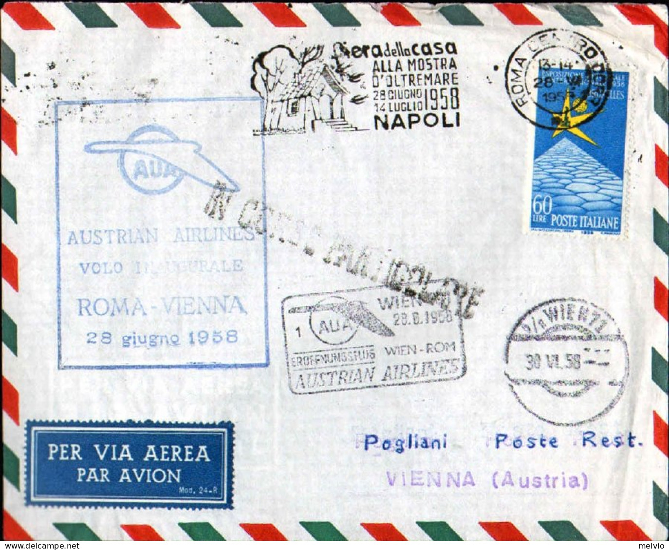 1958-AUA Roma Vienna Del 28 Giugno Affr. L.60 Esposizione Di Bruxelles Isolato,a - Poste Aérienne