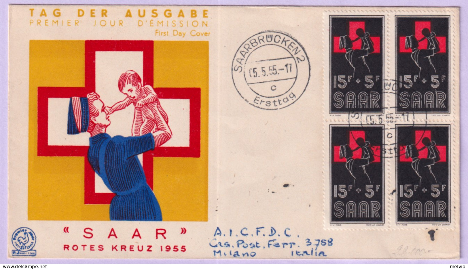1955-Sarre Croce Rossa Blocco Di Quattro (343) Fdc Per L'Italia - FDC