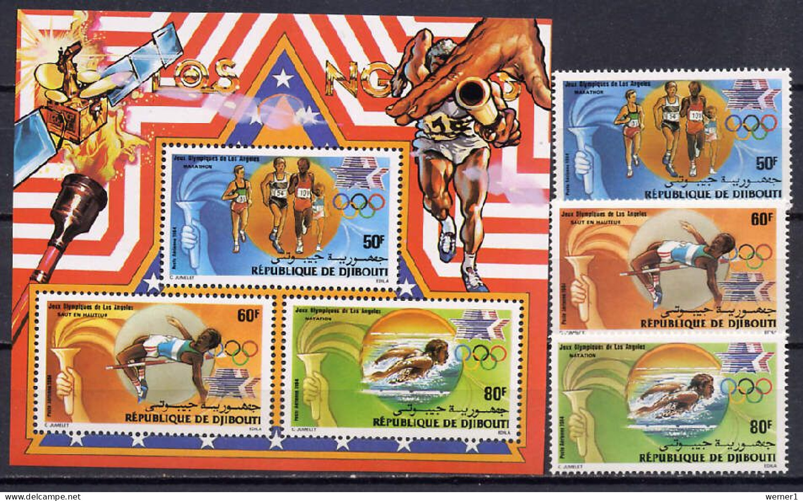 Djibouti 1984 Olympic Games Los Angeles, Space, Athletics, Swimming Set Of 3 + S/s MNH - Summer 1984: Los Angeles