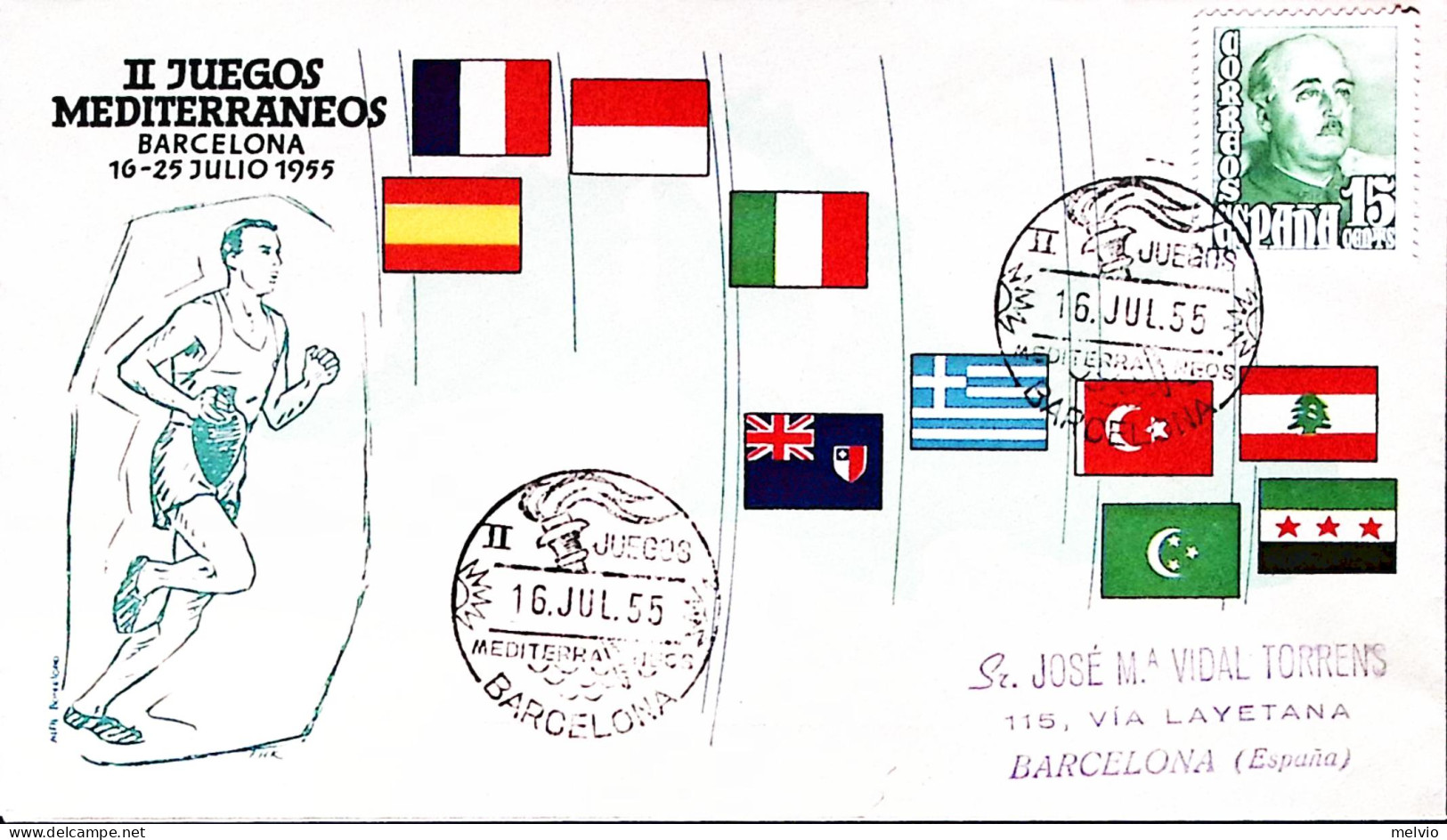 1955-SPAGNA Giochi Mediterraneo/Barcellona (16.7) Annullo. Speciale - Altri & Non Classificati