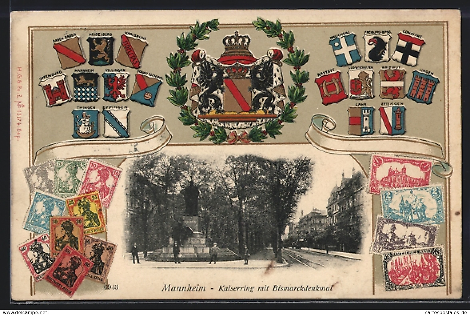 AK Mannheim, Kaiserring Mit Bismarckdenkmal, Versch. Briefmarken  - Timbres (représentations)