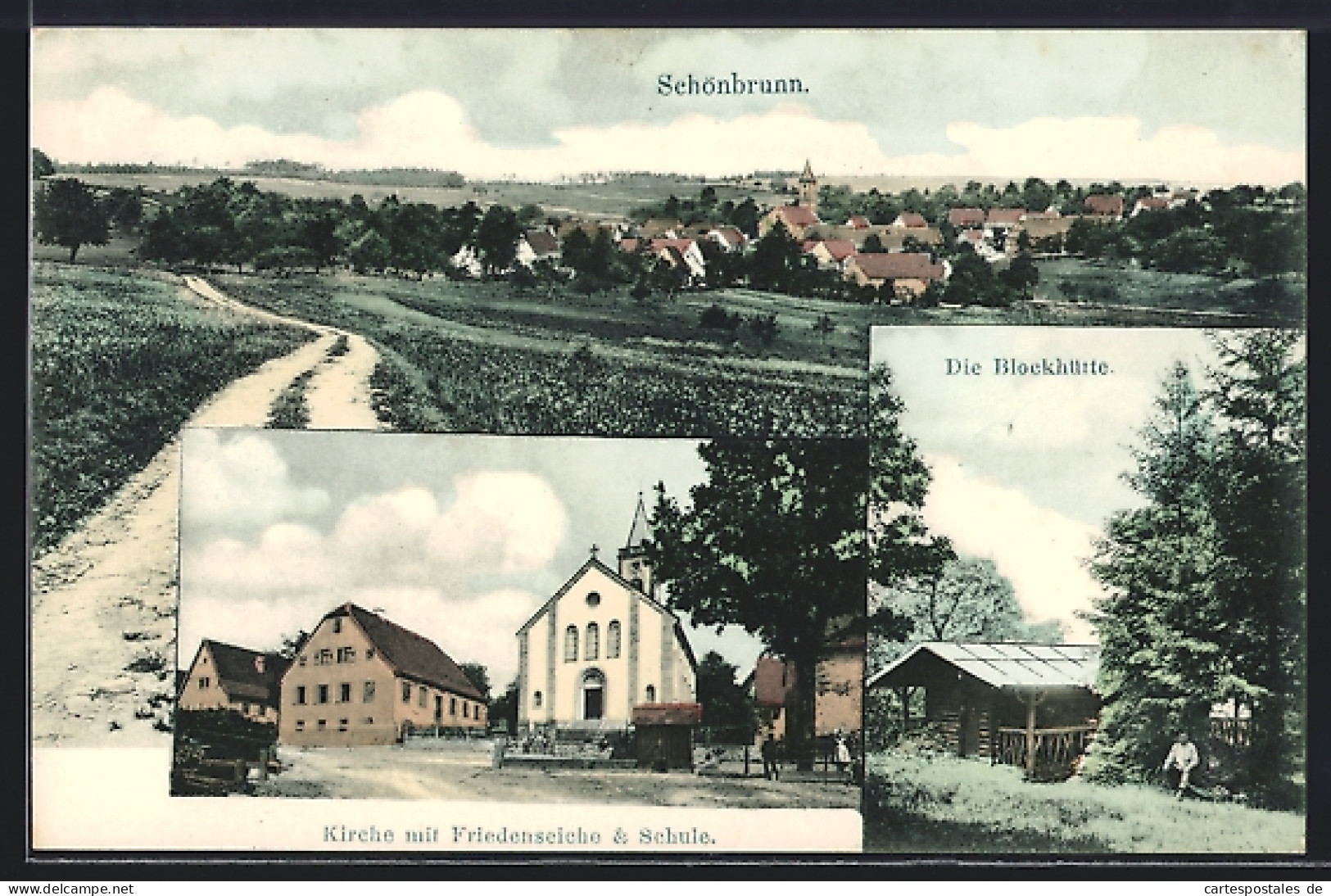 AK Schönbrunn / Baden, Blockhütte, Kirche Mit Friedenseiche U. Schule, Gesamtansicht Mit Landstrasse  - Baden-Baden