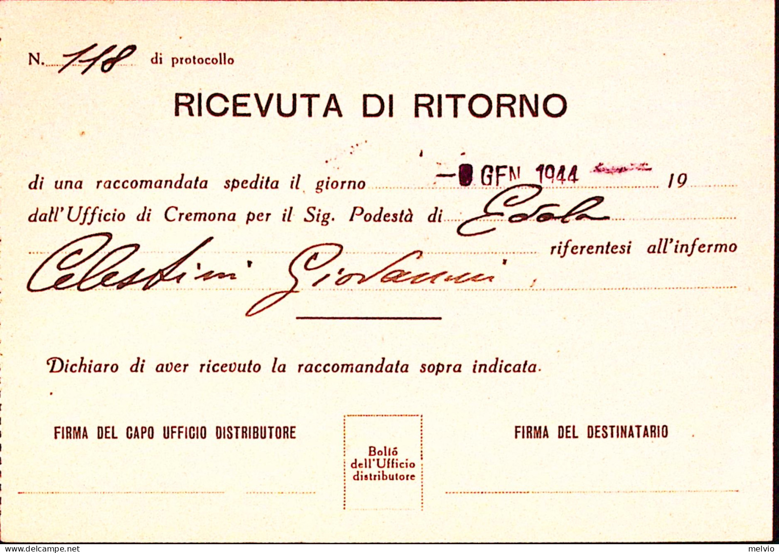 1944-Imperiale Coppia C.25 Su Ricevuta Ritorno Tipo Privato Cremona (3.1) - Poststempel