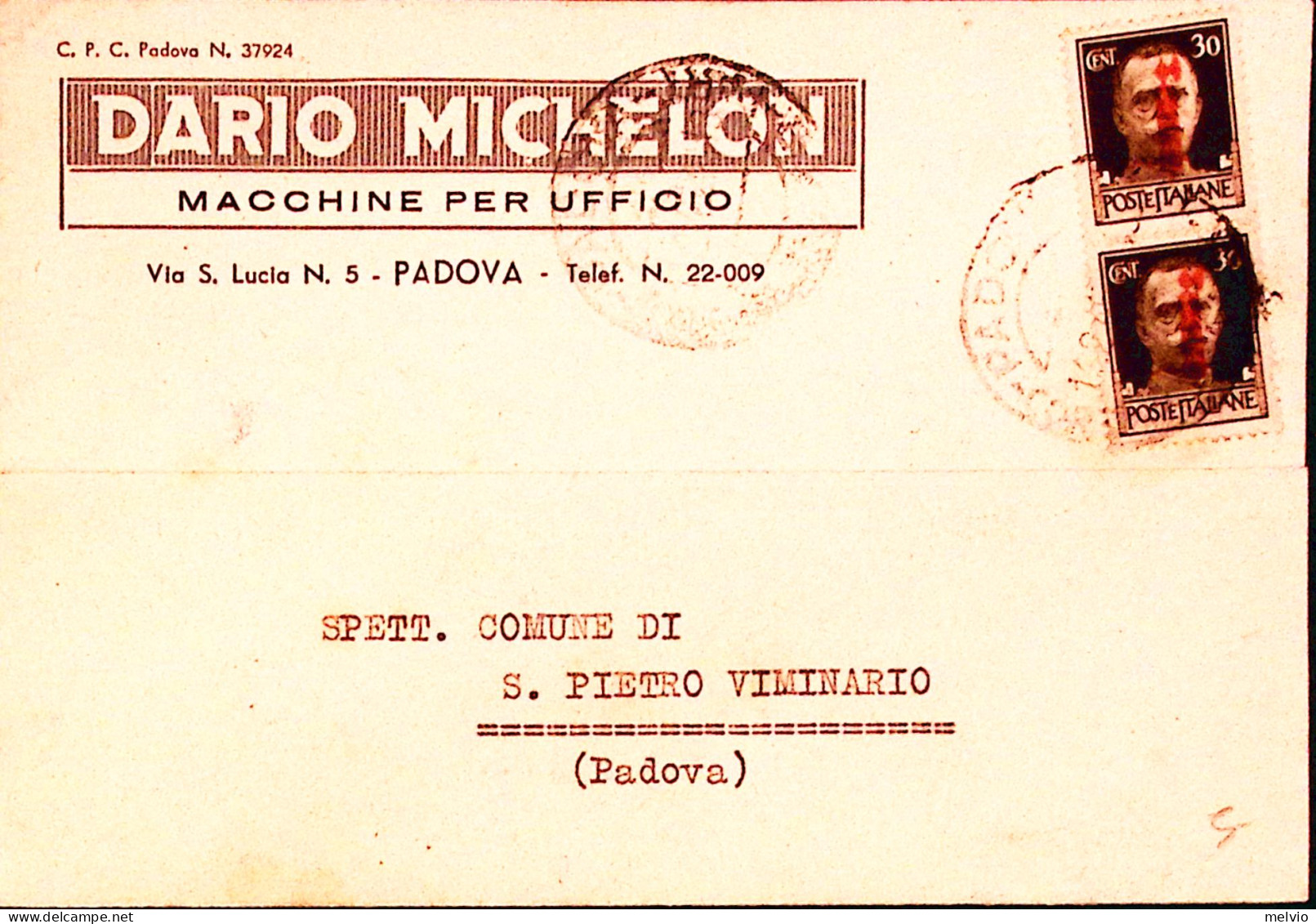 1945-PADOVA Dario Michelangiolescaon Macchine Per Ufficio Intestazione A Stampa  - Marcophilie