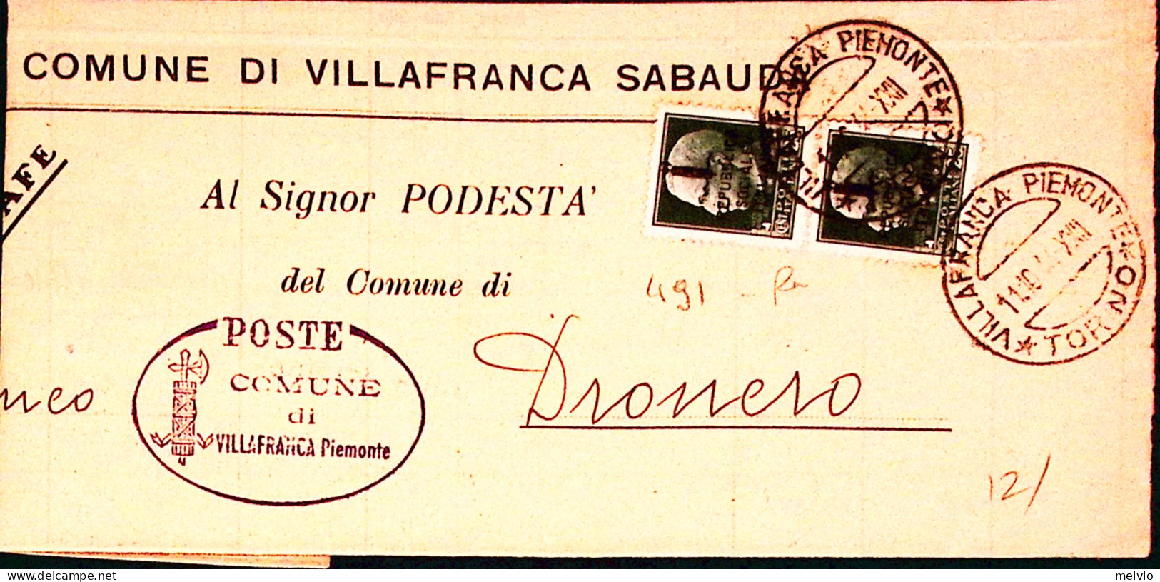 1944-Imperiale Sopr.RSI Coppia C.25 E Ovale Con Fascio Su Piego Villafranca Piem - Marcophilie