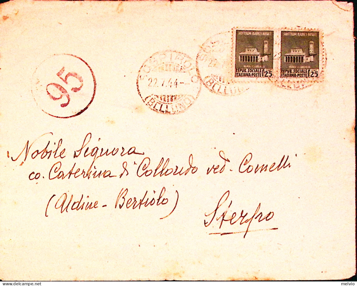 1944-Monumenti Coppia C.25 I Tipo Su Busta Sospirolo (22.7) - Poststempel