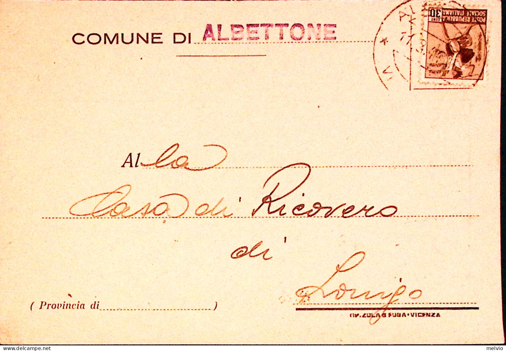 1944-Monumenti C.30 I Tipo Isolato Su Cartolina Albettone (11.8) - Poststempel