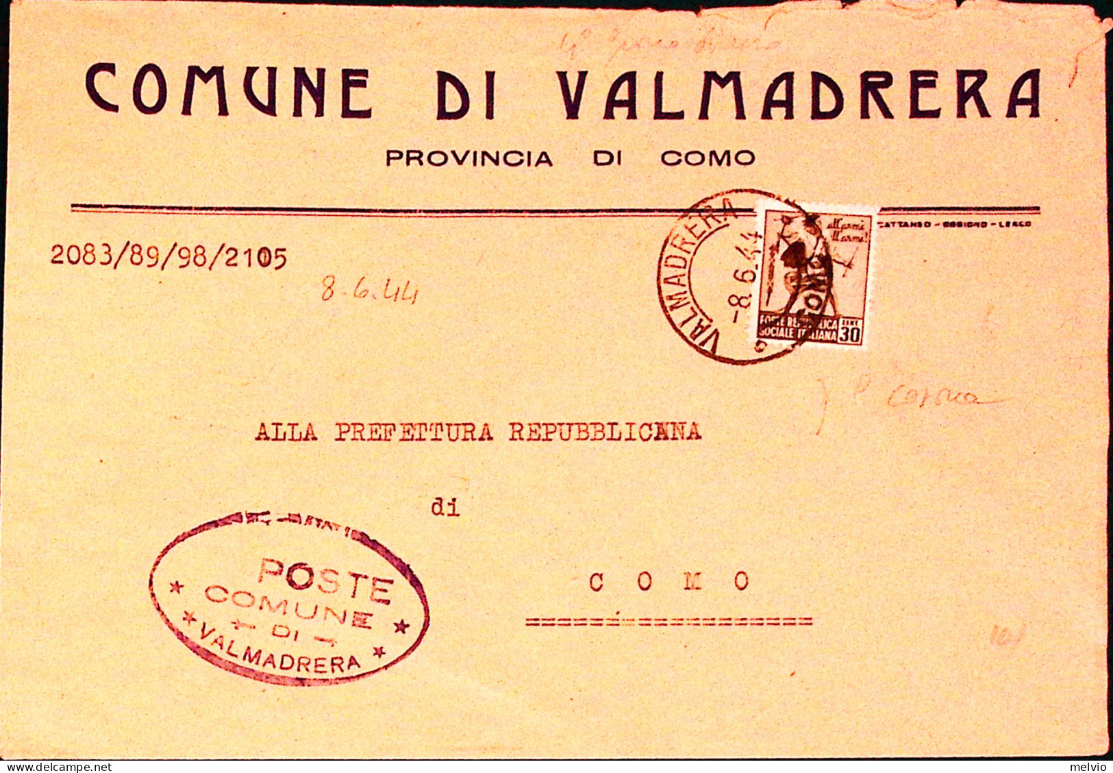 1944-Monumenti C.30 I Tipo Isolato Su Manoscritti Tariffa Sindaci Valmadrera (8. - Marcophilie