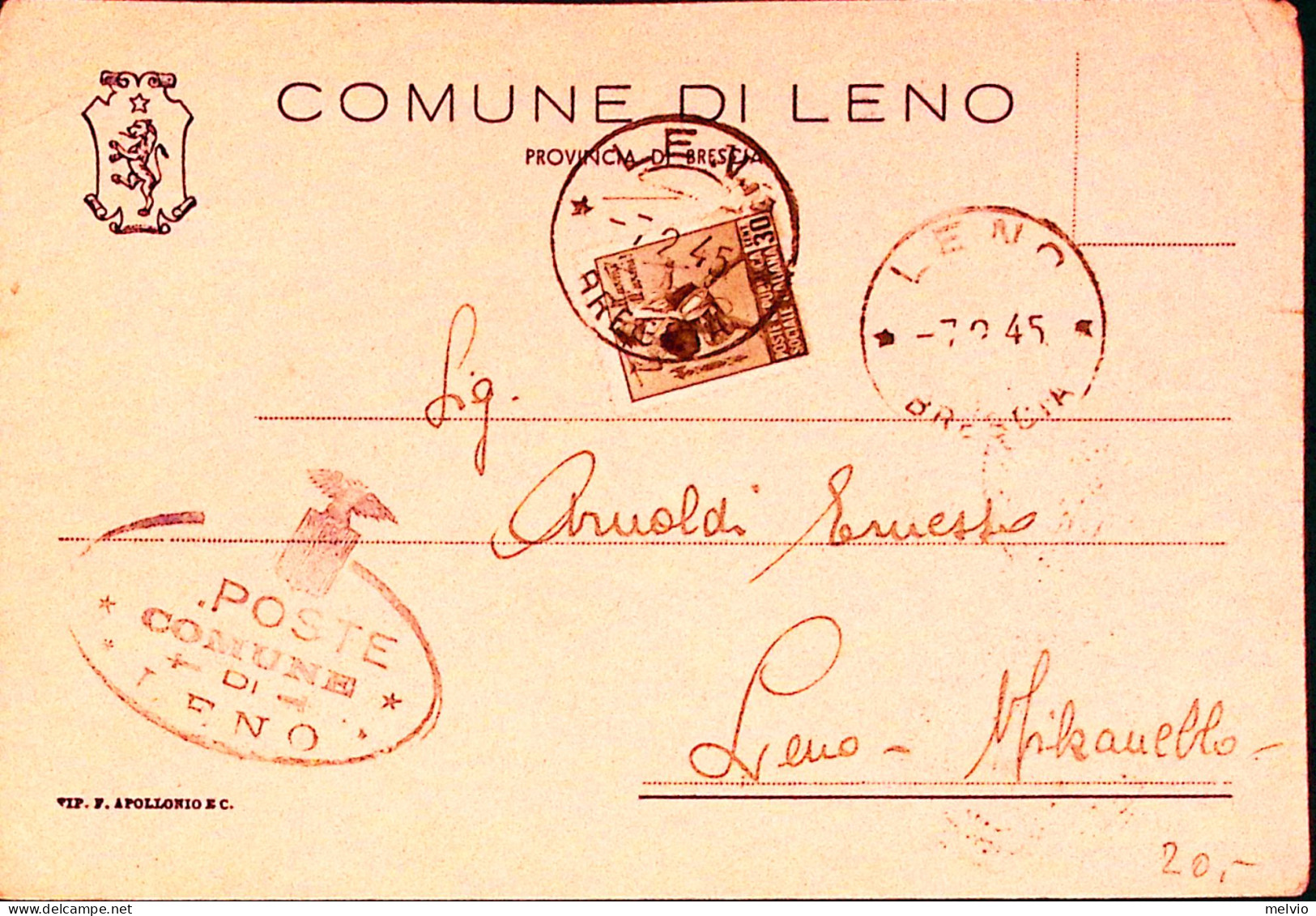 1945-Monumenti C.30 II^tipo Isolato Su Cartolina Leno (7.2) Per Distretto Non Ta - Poststempel