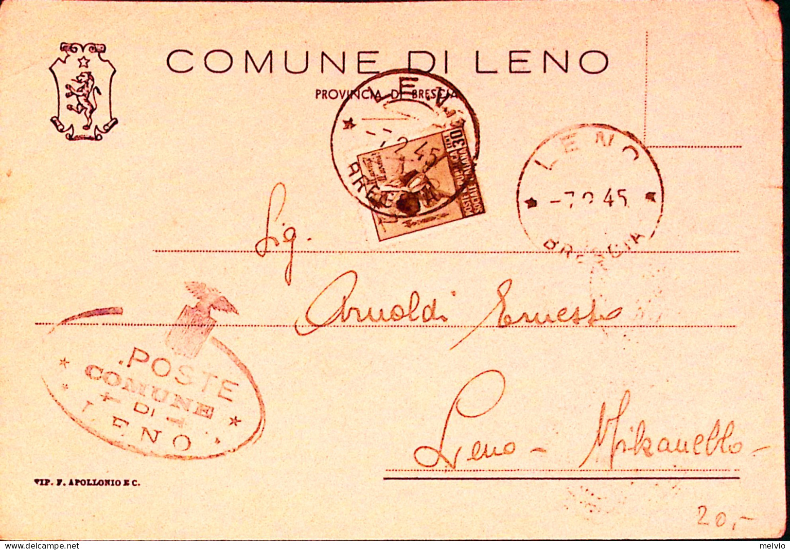 1945-Monumenti C.30 II^tipo Isolato Su Cartolina Leno (7.2) Per Distretto Non Ta - Marcophilia