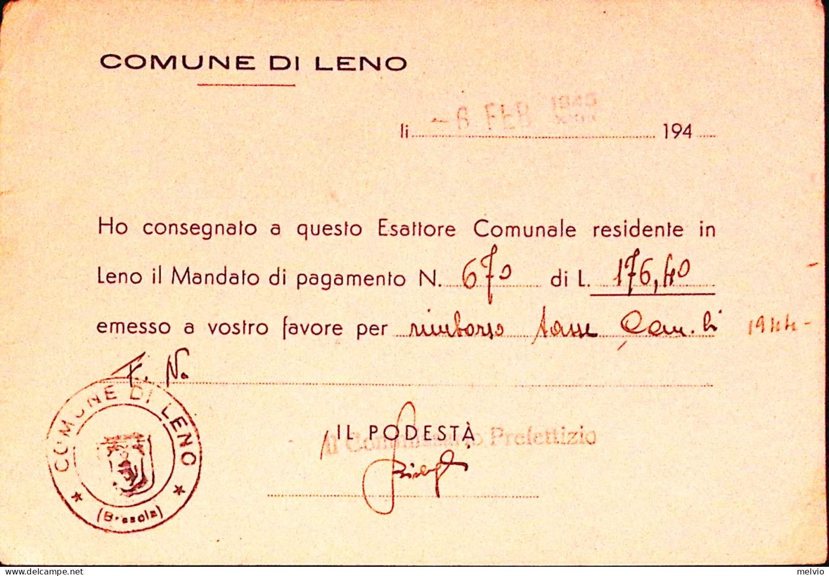 1945-Monumenti C.30 II^tipo Isolato Su Cartolina Leno (7.2) Per Distretto Non Ta - Marcophilia