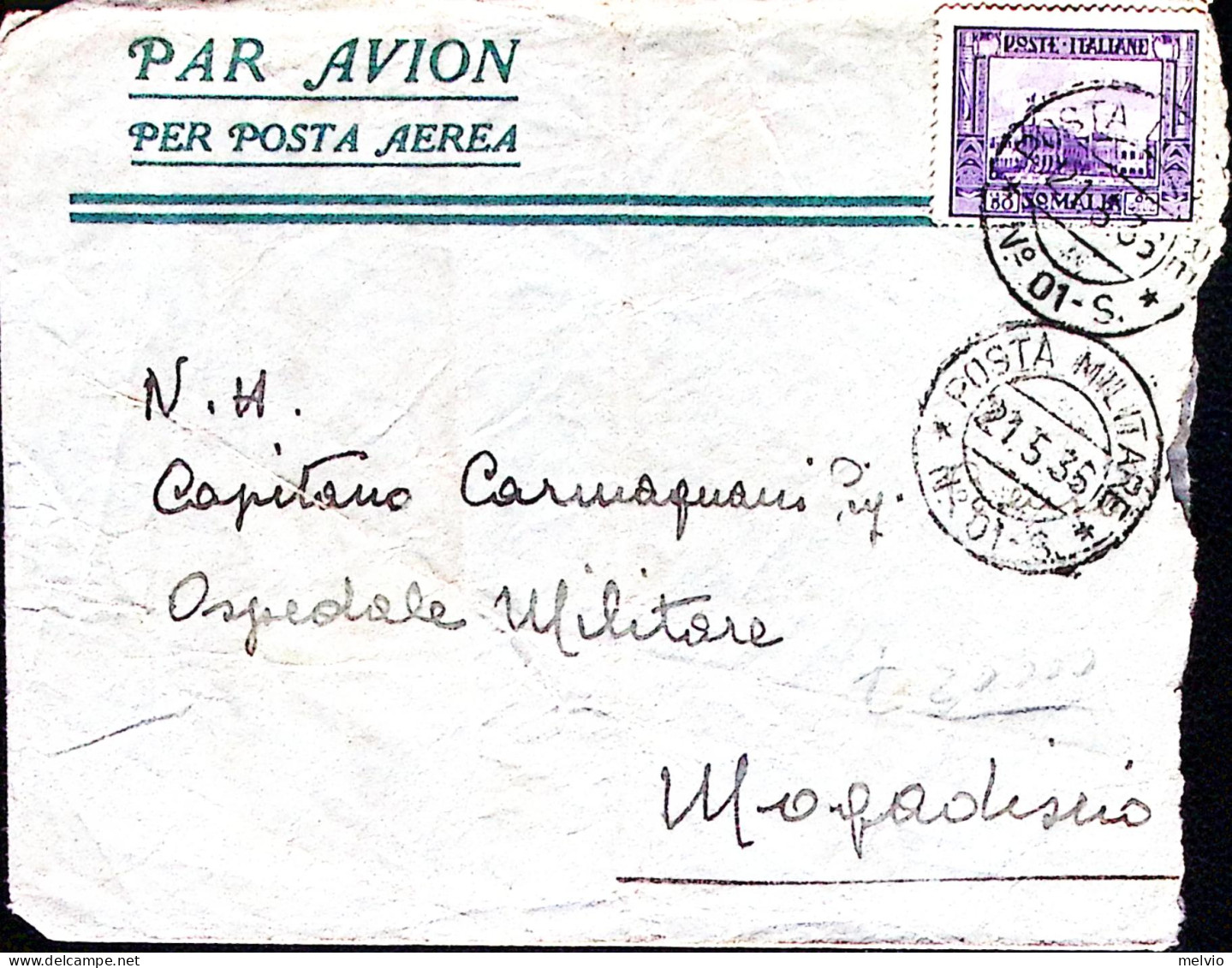 1936-Posta Militare/N 01-S C.2 (21.5) Su Busta Per Mogadiscio Affrancata Somalia - Somalie