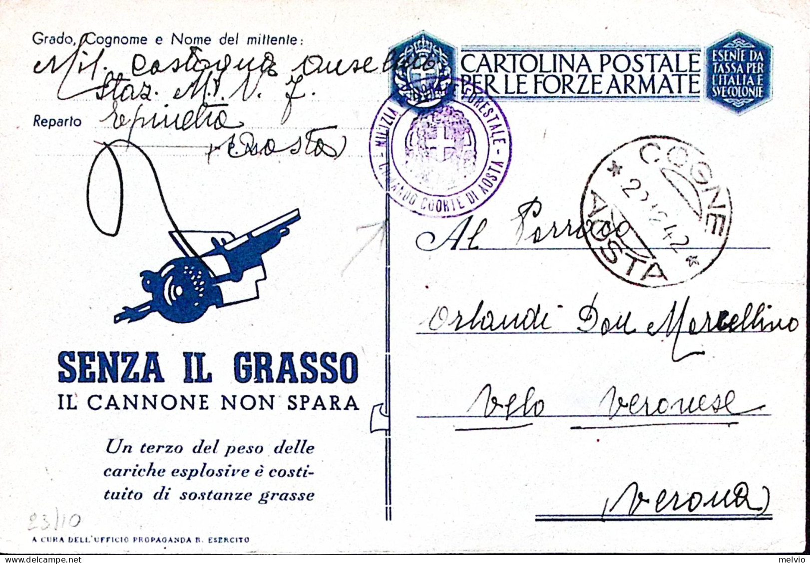 1942-MILIZIA NAZ FORESTALE/Coorte Di Aosta Tondo Su Cartolina Franchigia Senza I - Italienisch Ost-Afrika