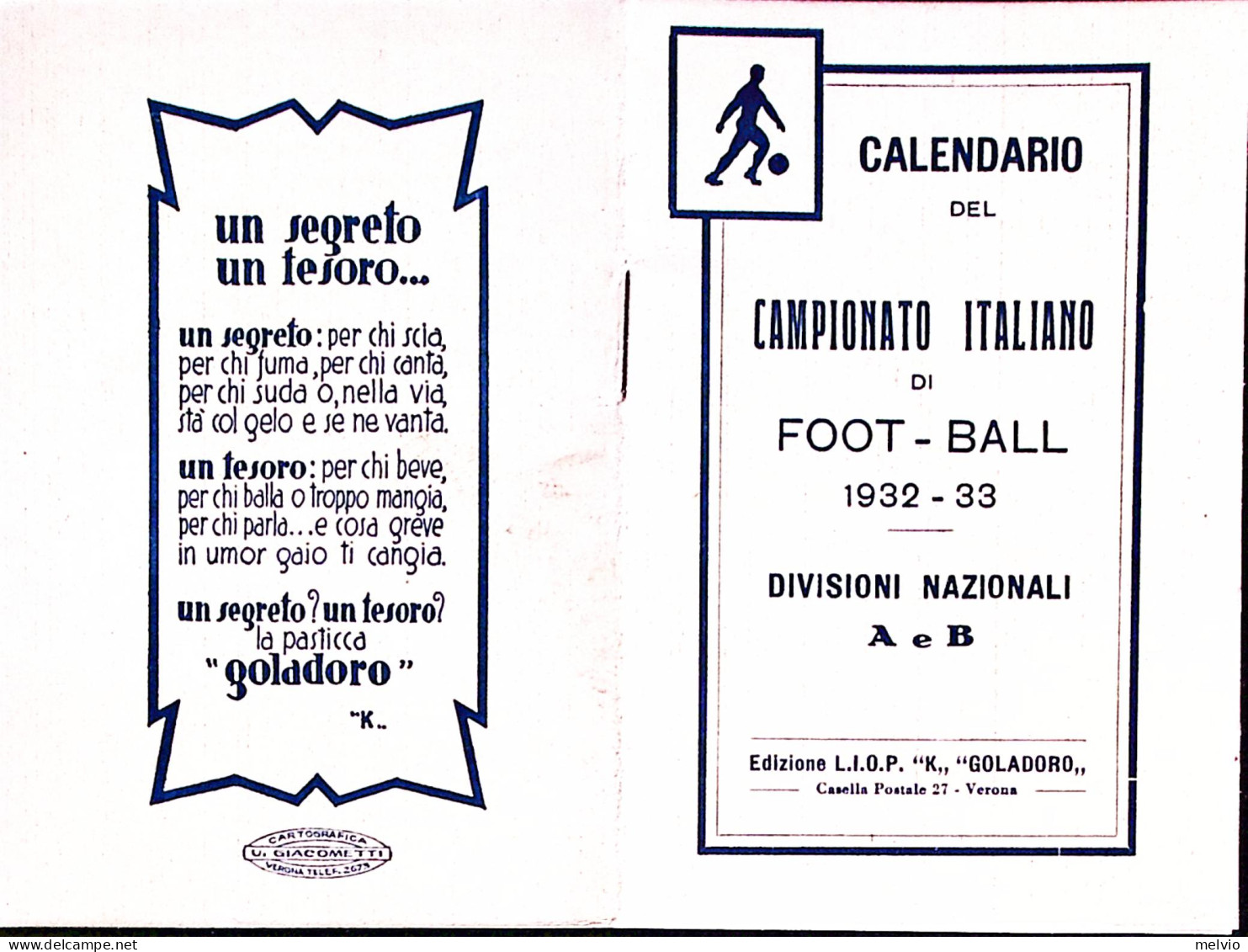 1932-CALENDARIO Campionato Italiano Foot-Ball Completo - Tamaño Pequeño : 1921-40