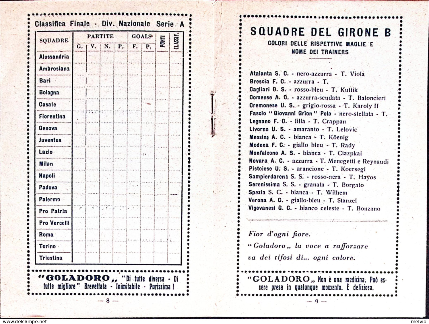 1932-CALENDARIO Campionato Italiano Foot-Ball Completo - Small : 1921-40