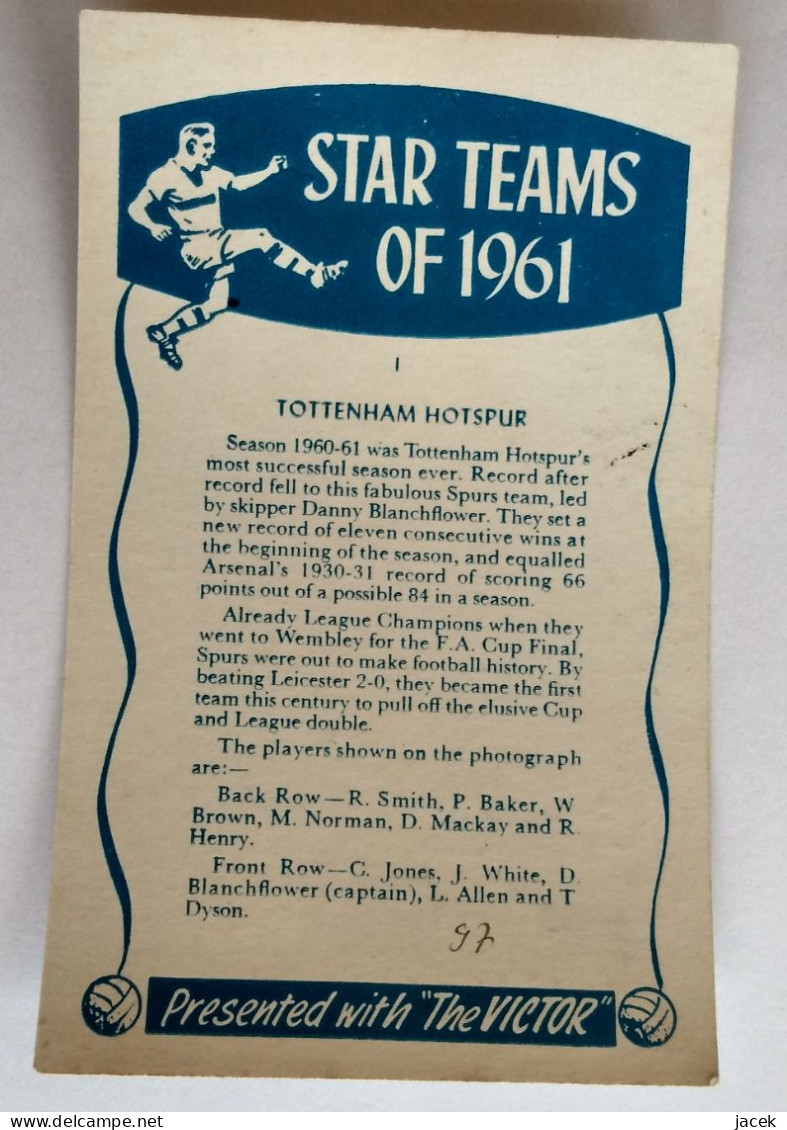 Victor ‘Star Teams Of 1961’ (1961) Card #1 Tottenham Hotspur - Fútbol