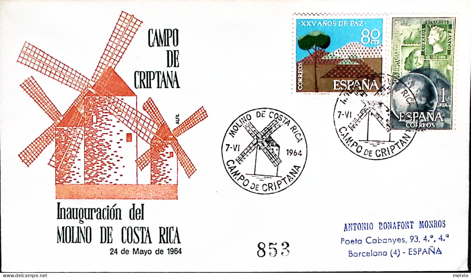1964-SPAGNA Campo De Criptana Inaugurazione Molino De Costa Rica Annullo Special - Otros & Sin Clasificación