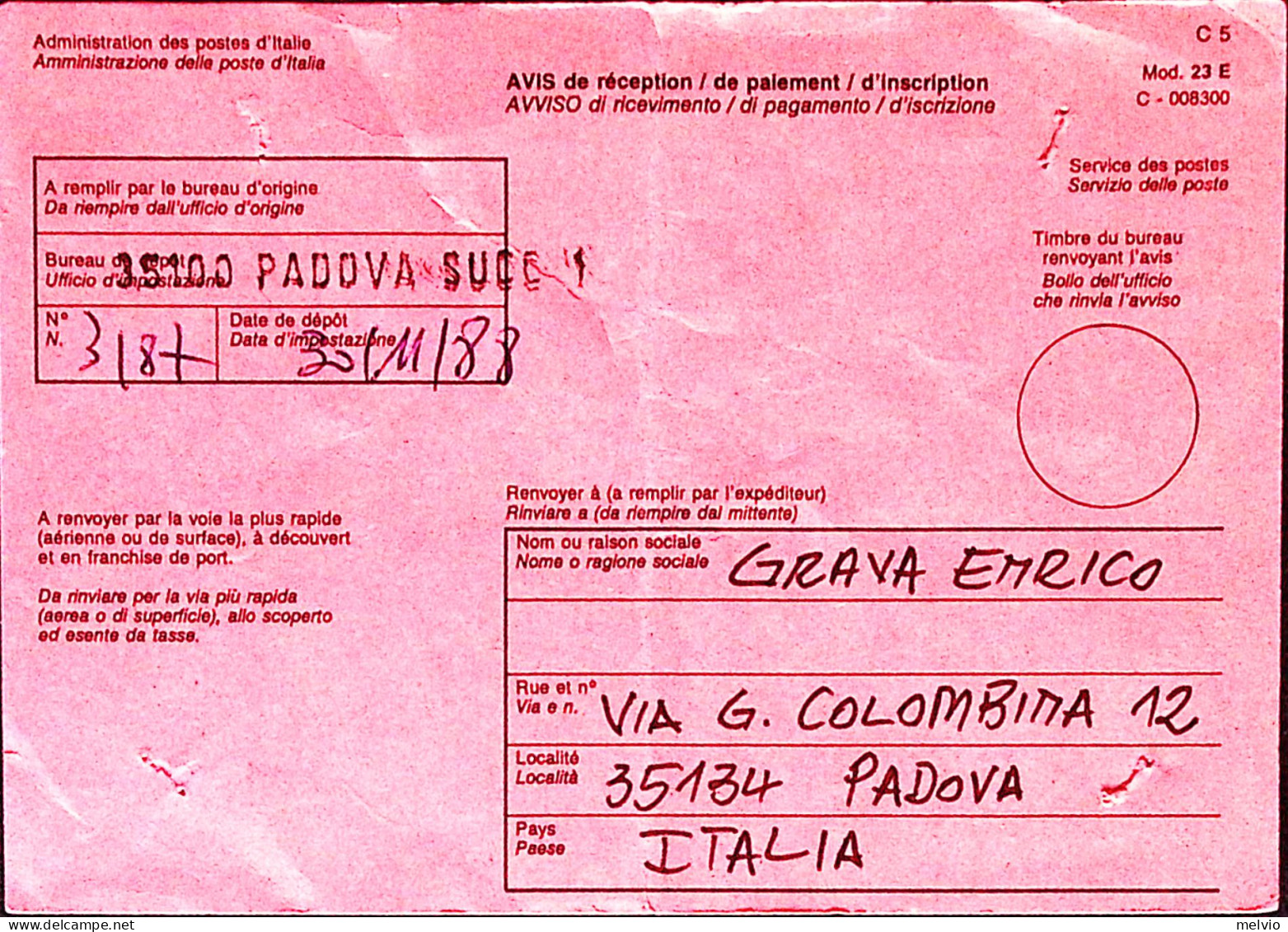 1988-MODULO Avviso Ricevimento Raccomandata Per L'estero Padova (30.11) Per L'Au - 1981-90: Marcophilie