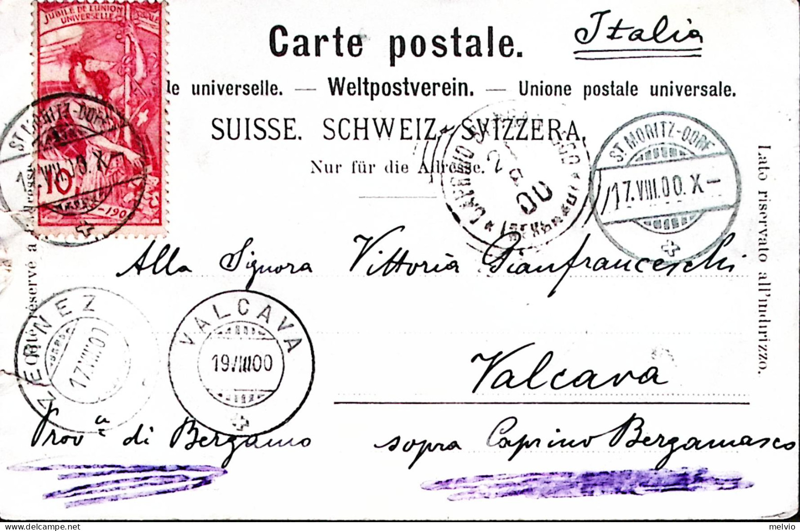 1900-Svizzera St. Moritz Dorf Et Bad Viaggiata Per L'Italia Affrancata Unione Un - Postmark Collection