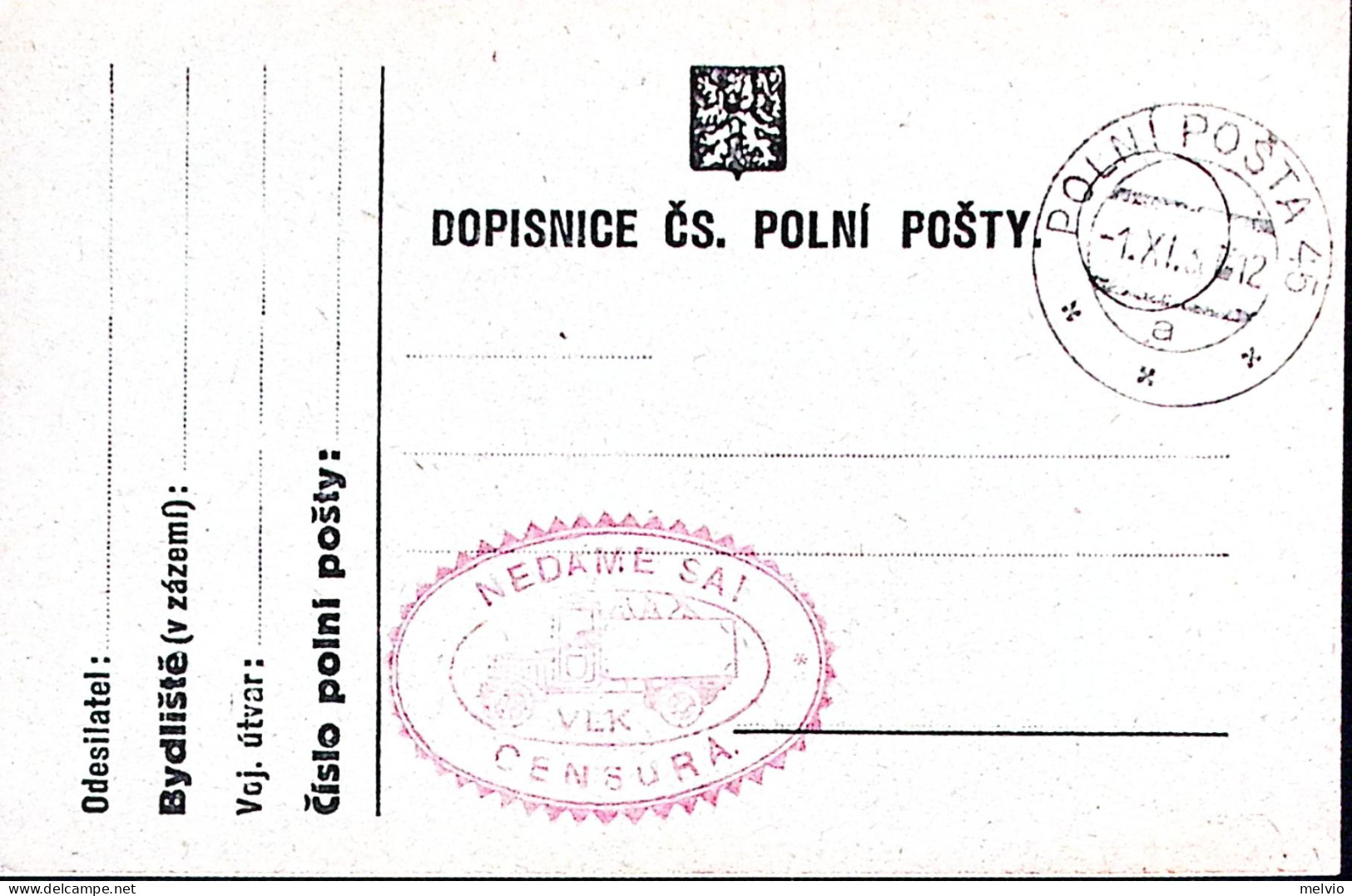 1938-CECOSLOVACCHIA POLNI Posta 45/a/C.S.P. C.2 (1.11) Su Cartolina Franchigia - Andere & Zonder Classificatie