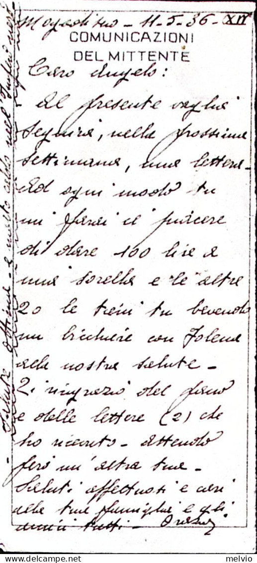 1936-SOMALIA Polizzino Vaglia Via Aerea Affrancata Somalia Ordinaria Due C.50 Mo - Somalie