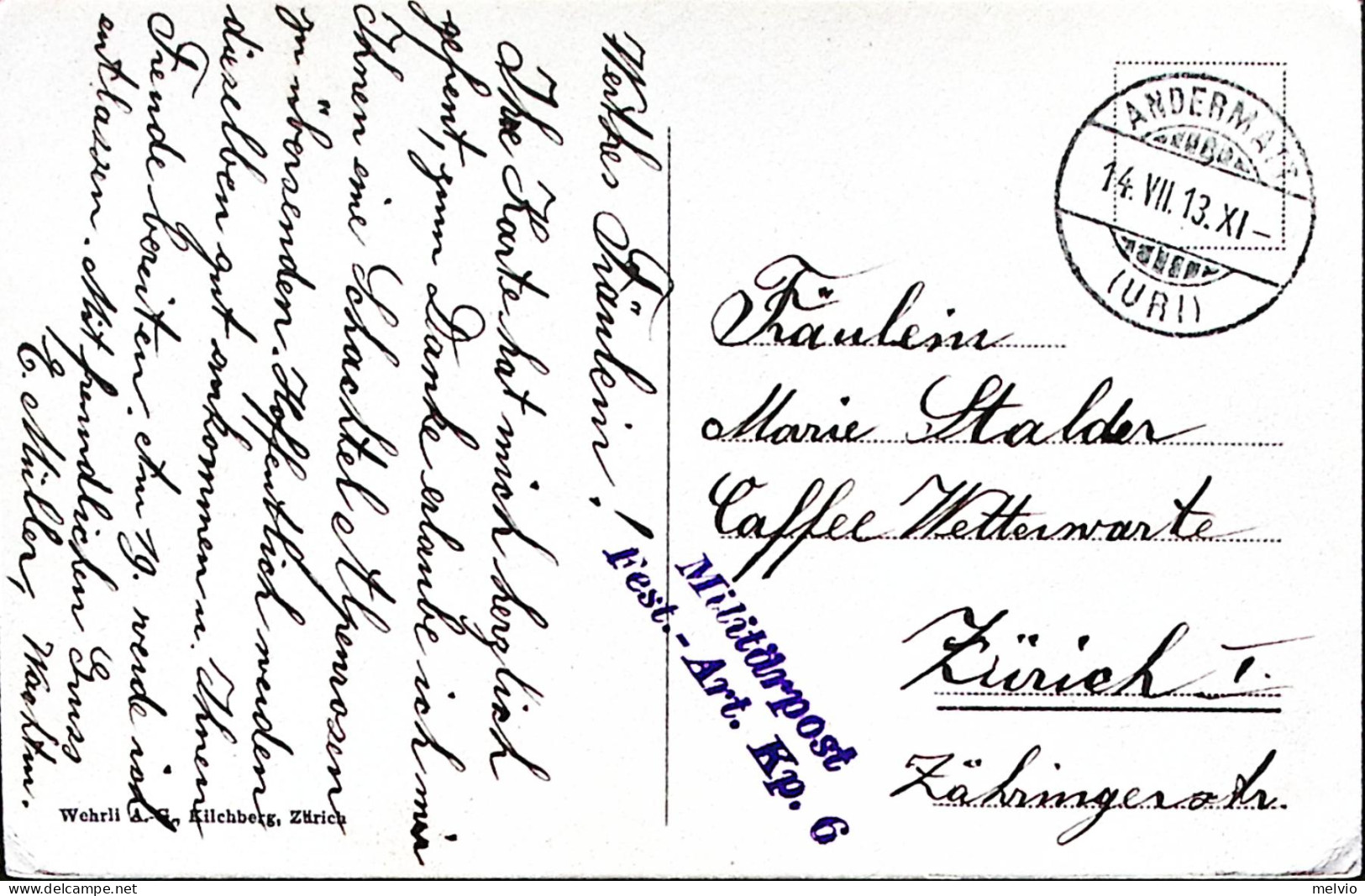 1913-Svizzera Schollenen Viaggiata In Franchigia Lin Militarpost/Fest-Art Kp 6 A - Autres & Non Classés