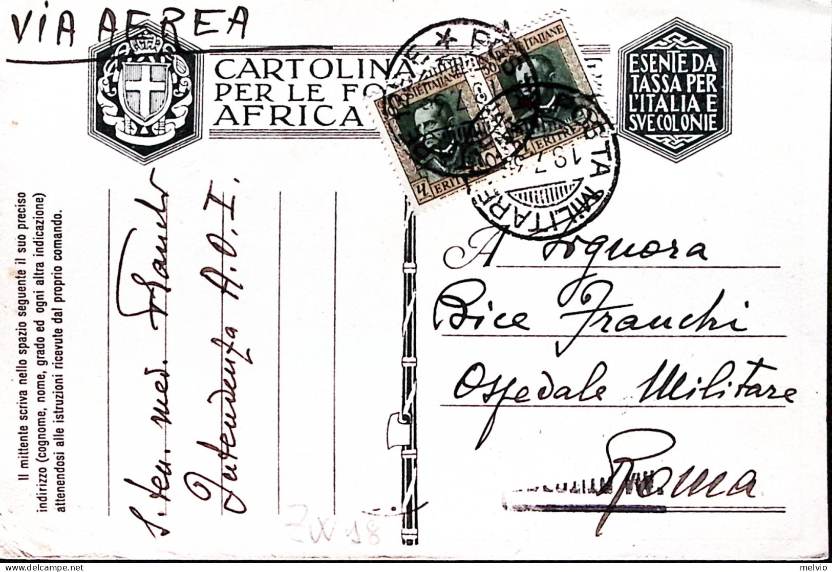 1936-Posta Militare 129 E C.2 (19.7) Su Cartolina Franchigia (Carta AO) Via Aere - Eritrea