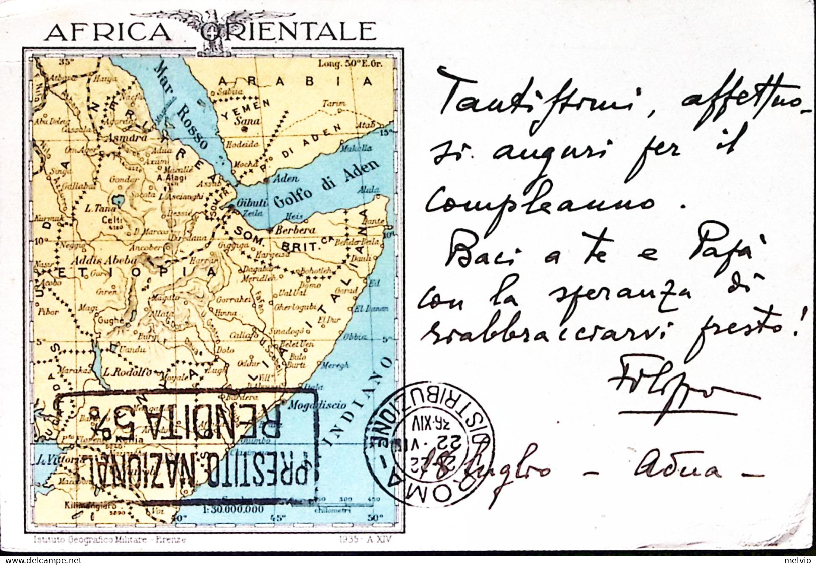 1936-Posta Militare 129 E C.2 (19.7) Su Cartolina Franchigia (Carta AO) Via Aere - Eritrea