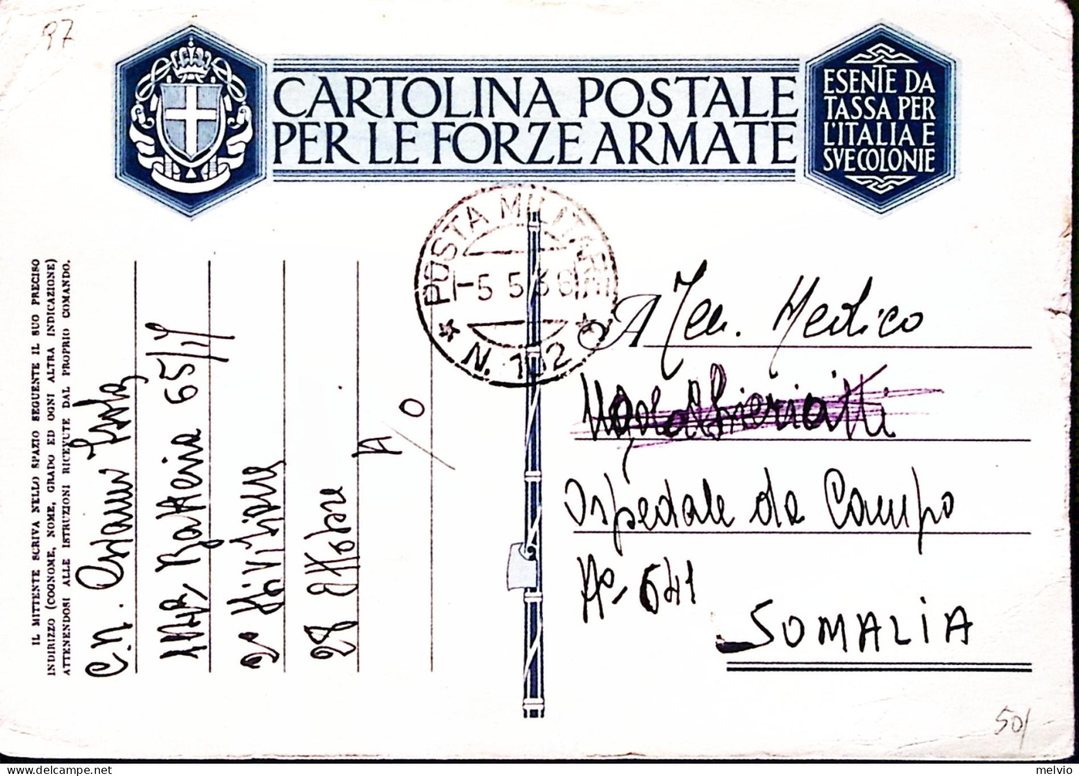 1936-Posta Militare/n. 102 C.2 (5.5) Su Cartolina Franchigia (Carta AO) - Italienisch Ost-Afrika