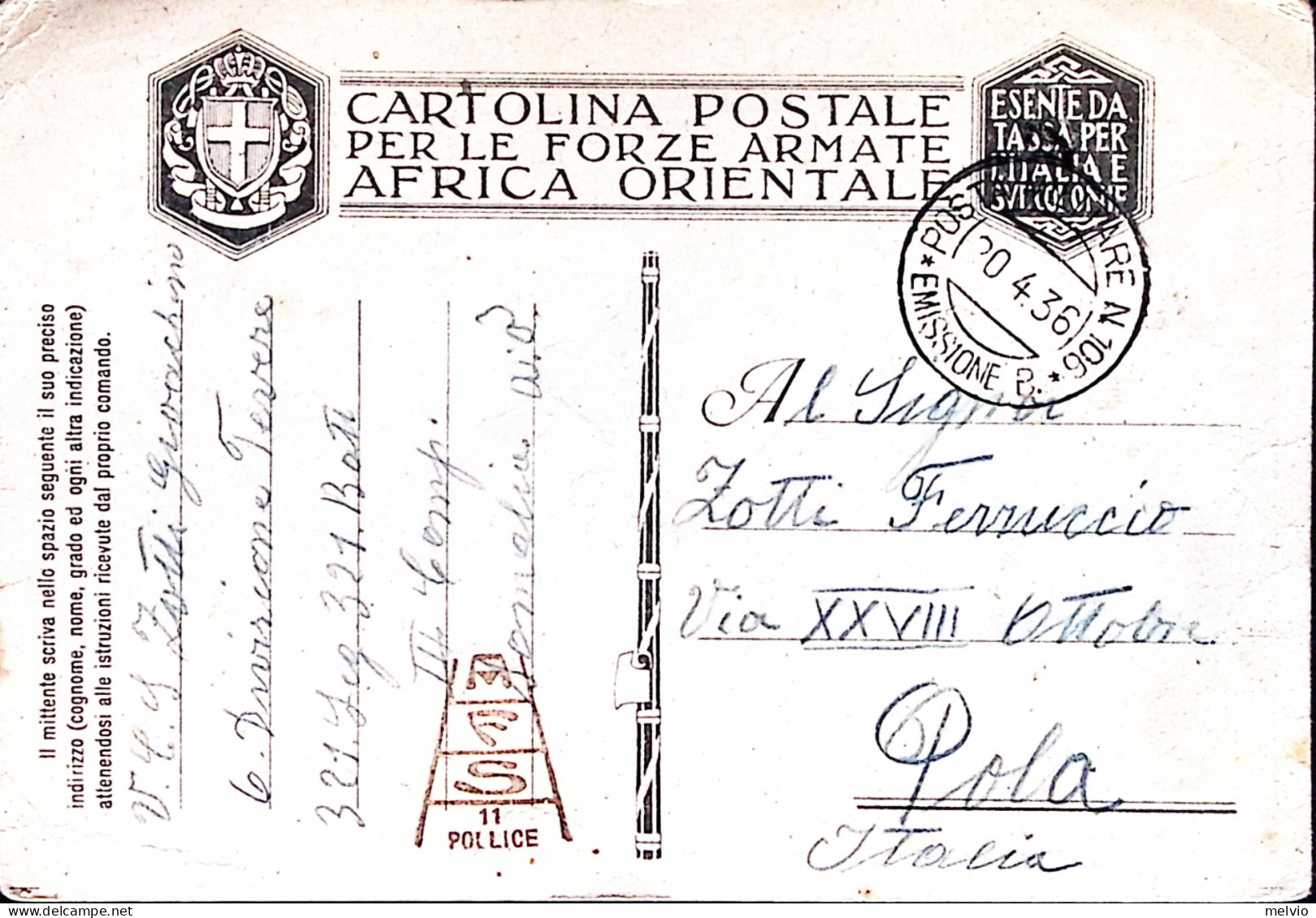 1936-Posta Militare N 106/EMISSIONE B C.2 (30.4) Su Cartolina Franchigia (Carta  - Italian Eastern Africa