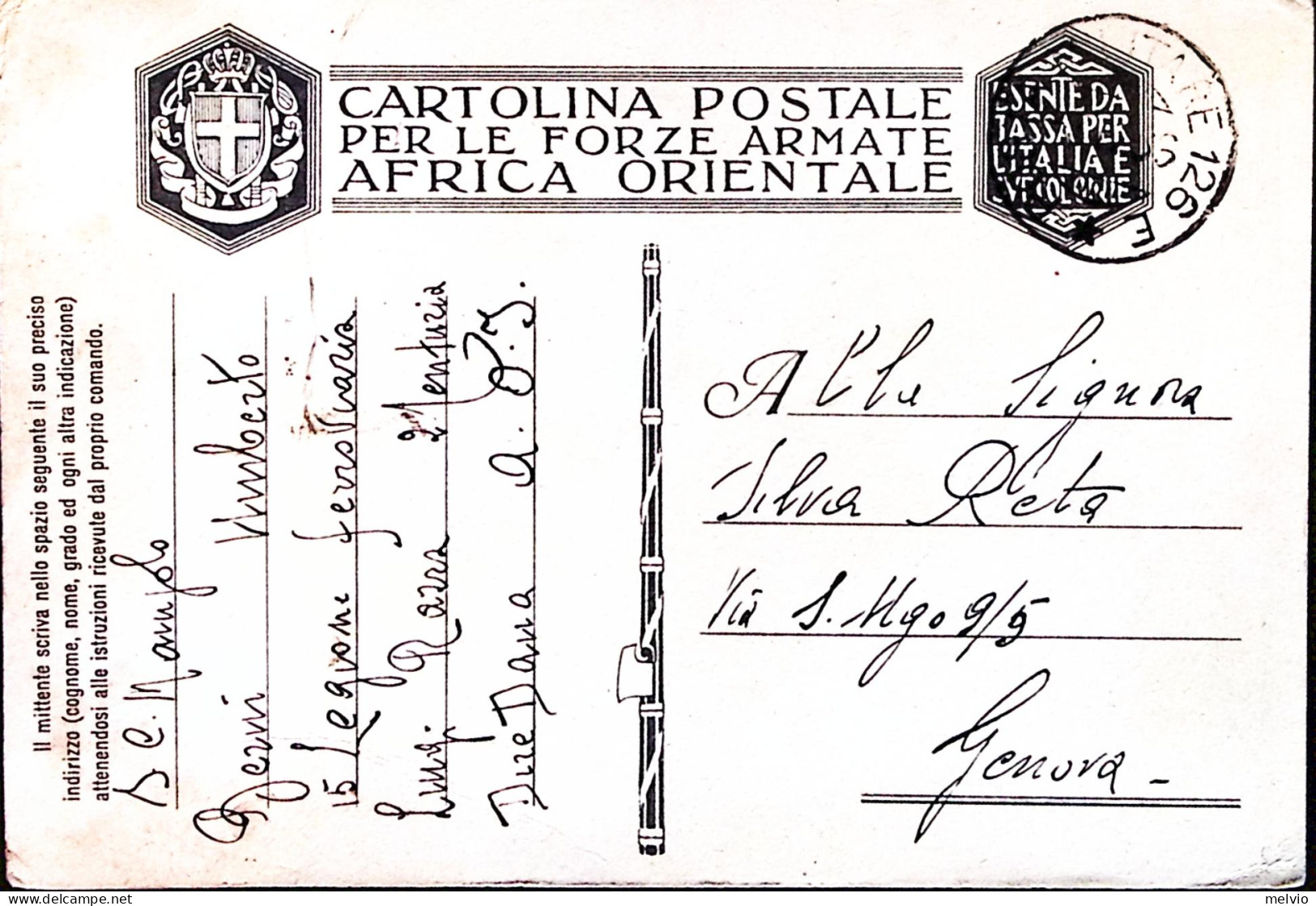 1936-Posta Militare 126 E C.2 (1.10) Su Cartolina Franchigia (Carta AO) Manoscri - Afrique Orientale Italienne