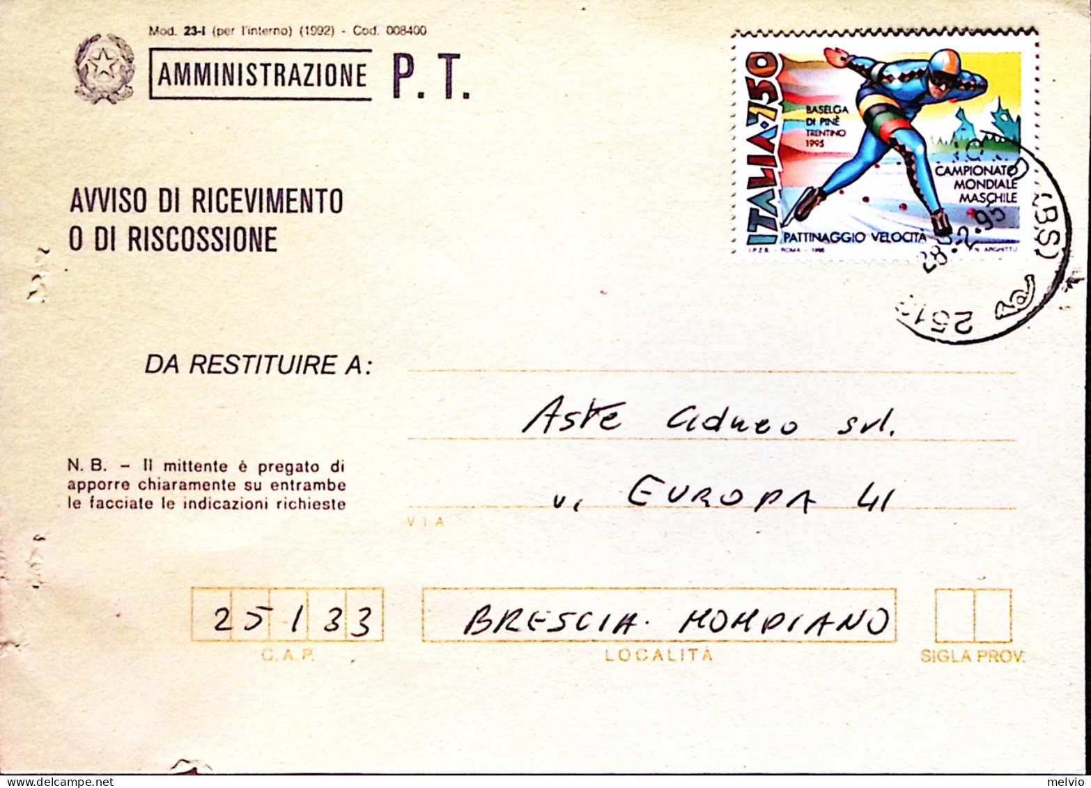 1995-CAMPIONATO MASCHILE PATTINAGGIO Lire 750 Isolato Su Avviso Ricevimento - 1991-00: Marcophilia