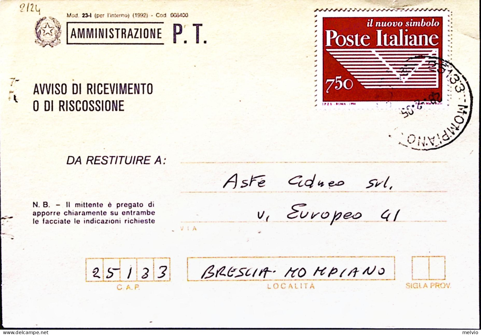 1995-POSTE ITALIANE 1 Serie Lire 750 Bruno Isolato Su Avviso Ricevimento - 1991-00: Marcophilia