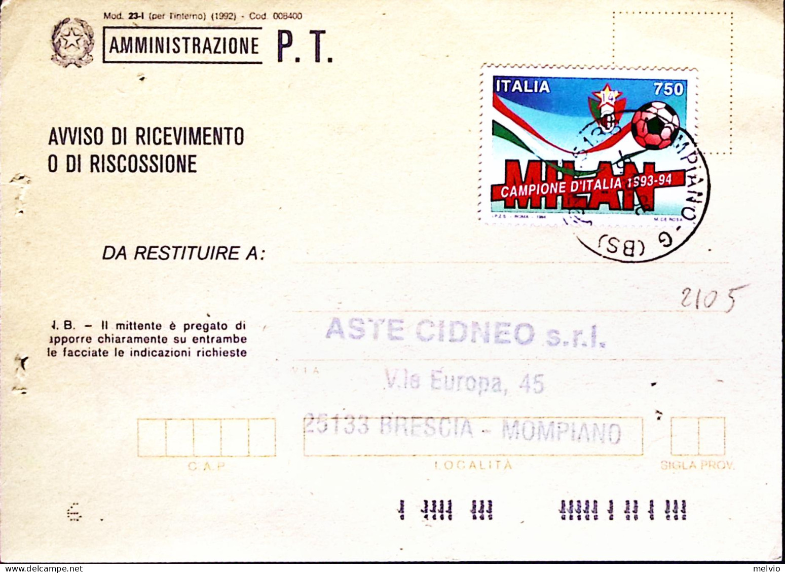 1994-MILAN CAMPIONE 93/94 Lire 750 Isolato Su Avviso Ricevimento - 1991-00: Marcophilia