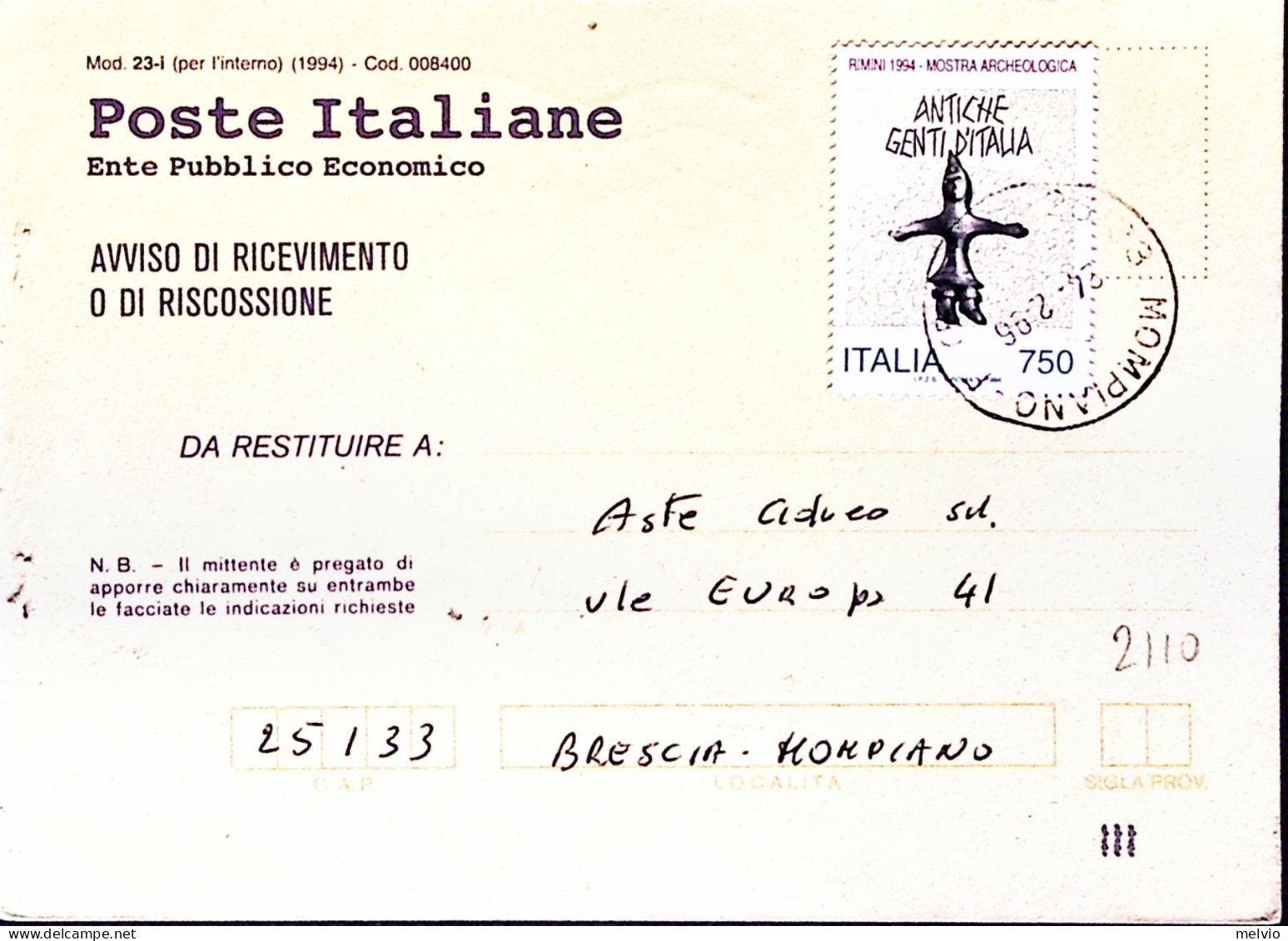 1994-MOSTRA ANTICHI POPOLI D ITALIA Lire 750 Isolato Su Avviso Ricevimento - 1991-00: Marcophilia