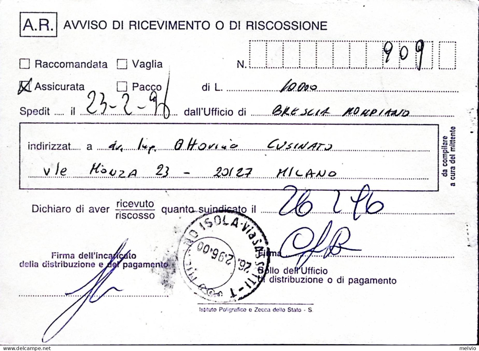 1994-100 ANNIVERSARIO INVENZIONE RADIO Lire 750 Isolato Su Avviso Ricevimento - 1991-00: Marcophilia