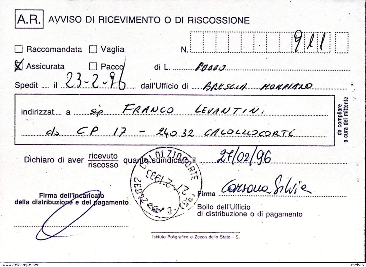 1994-PROCESSIONE CRISTO RISORTO Tarquinia Lire 750 Isolato Su Avviso Ricevimento - 1991-00: Marcophilia