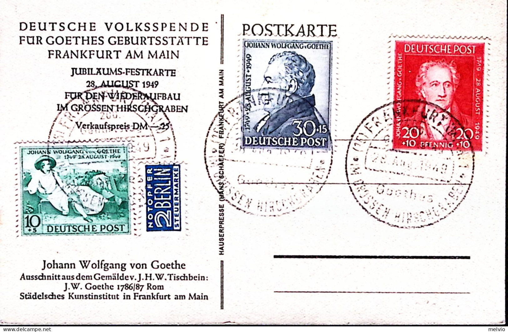 1949-Germania BIZONA 200 Nascita Goethe Serie Completa Su Cartolina Con Annullo  - Sonstige & Ohne Zuordnung