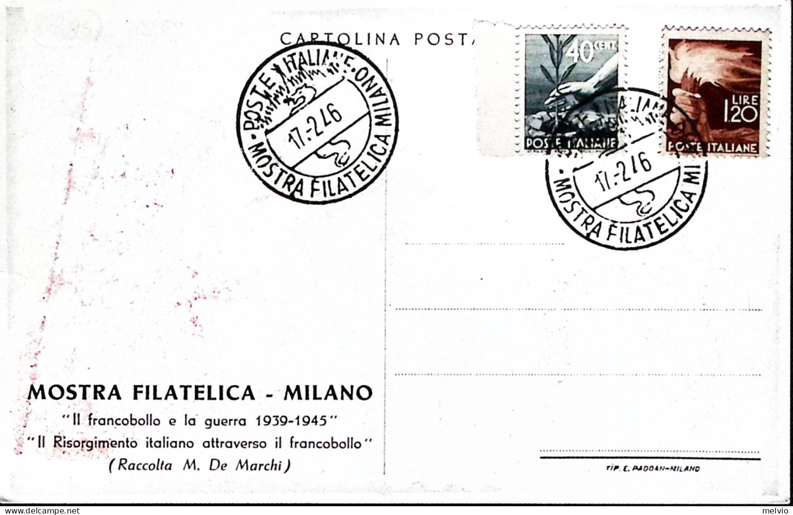 1946-MILANO Mostra Filatelica (17.2) Annullo Speciale Su Cartolina Affr. Democra - Ausstellungen