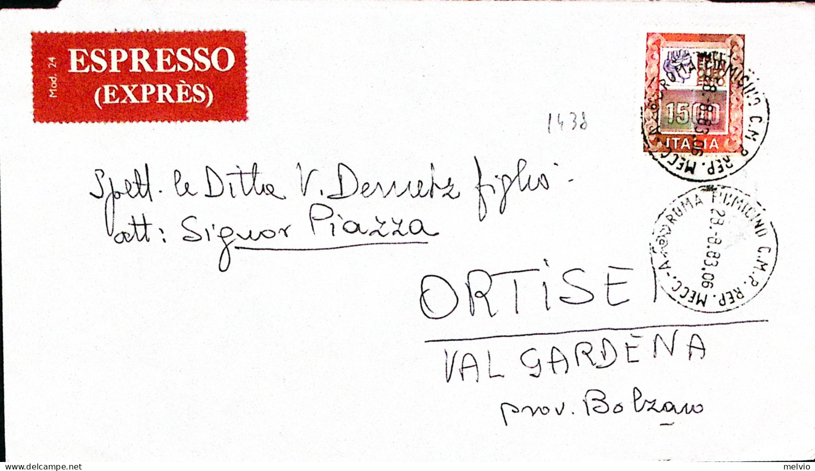1983-ALTI VALORI Lire 1500 Isolato Su Espresso Roma (28.8) - 1981-90: Marcophilie