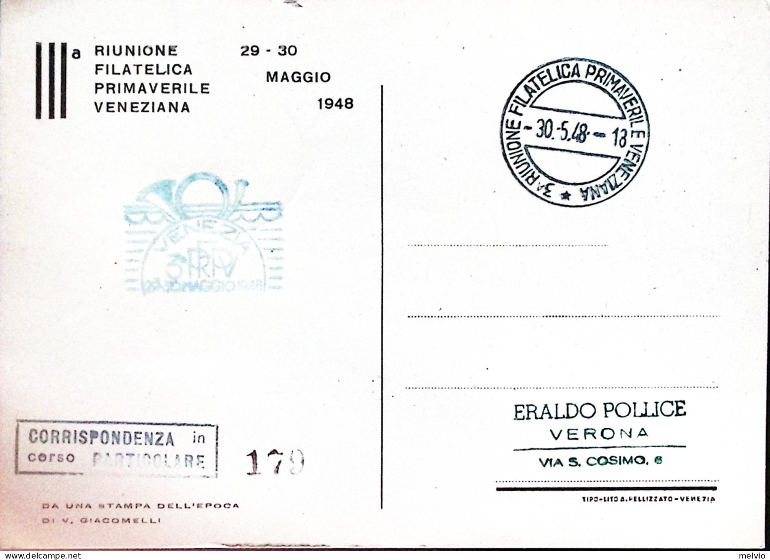 1948-Venezia 3 Riunione Filatelica Primaverile (22.5) Annullo Speciale Su Cartol - Exhibitions
