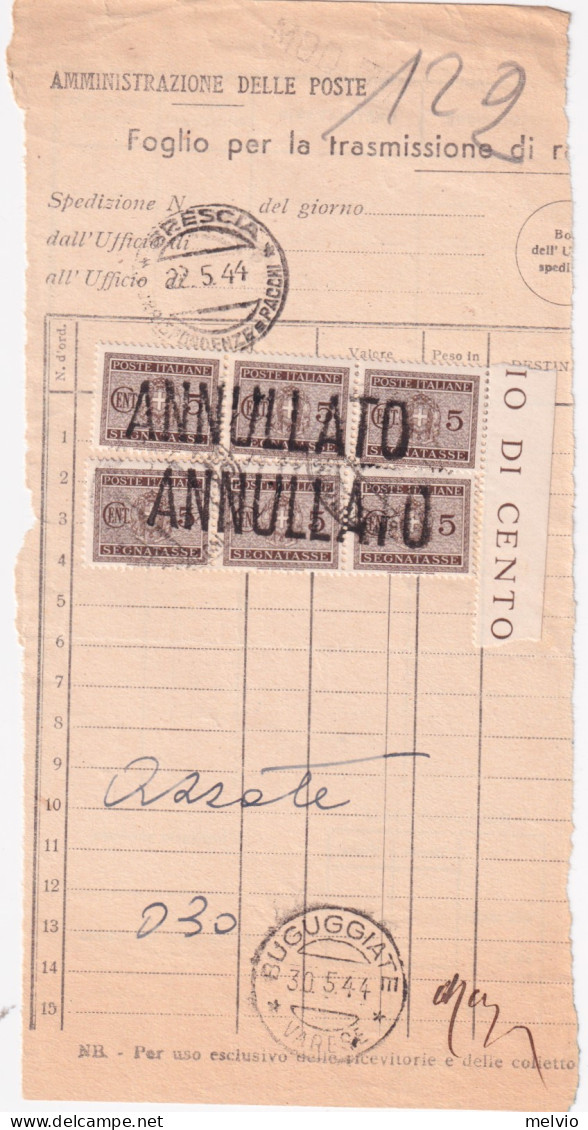 1944-RSI Segnatasse Due Strisce Di Tre C.5 (34) Su Conto Cumulativo Brescia (22. - Marcofilie