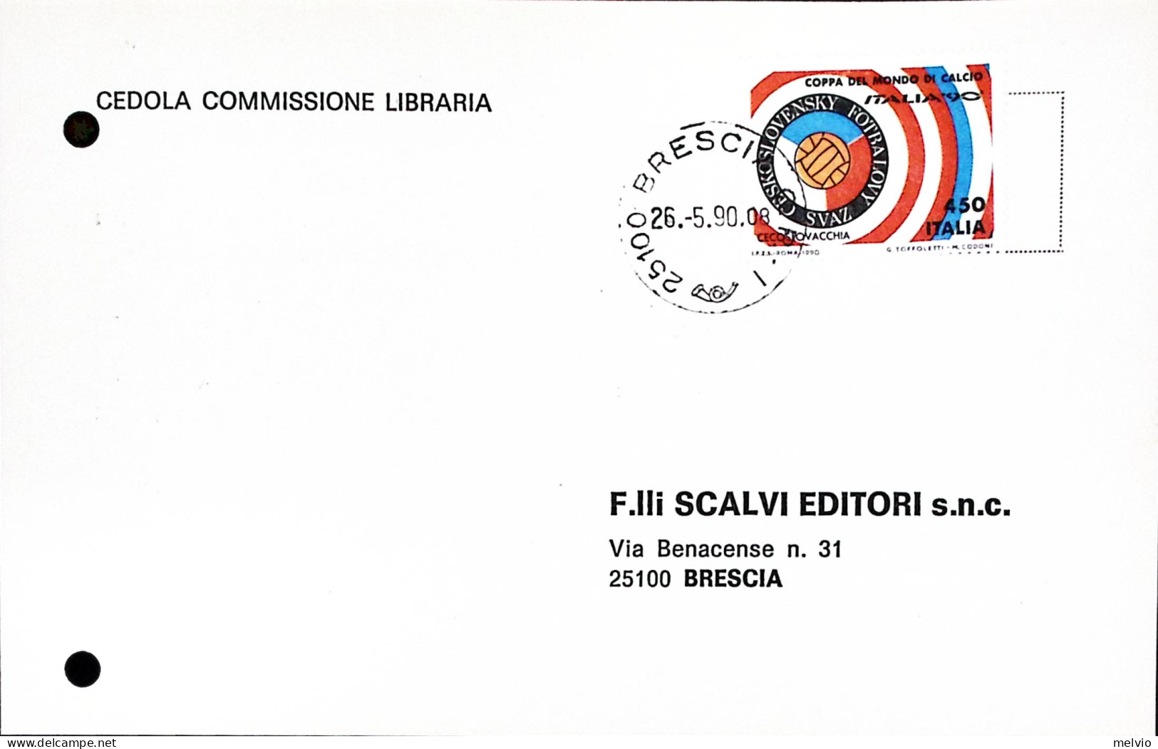 1990-COPPA MONDO CALCIO Italia 1990 Lire 450 Cecoslovacchia Isolato Su Cedola Co - 1981-90: Marcophilia